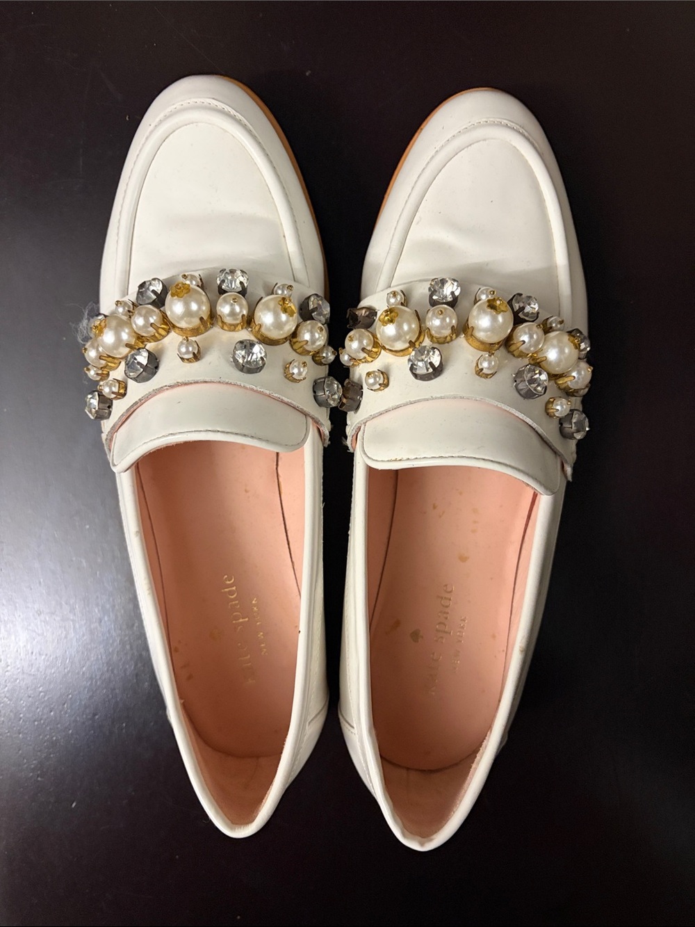 kate spade White Pearl & Crystal Embellished Loafers